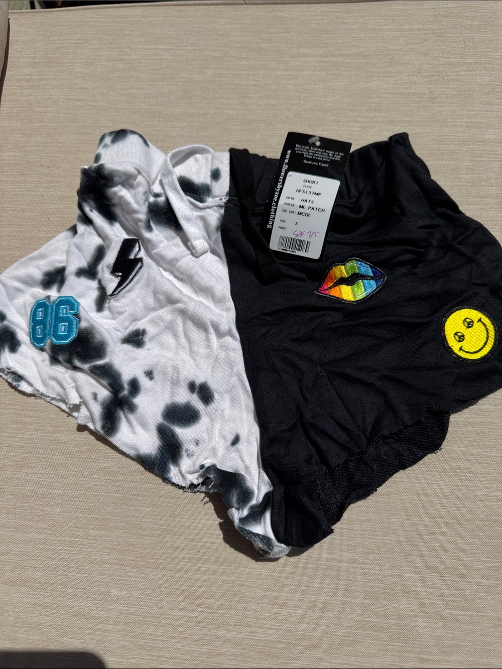 Flowers by Zoe Black & White Tie-Dye Patchwork Shorts with Colorful Patches